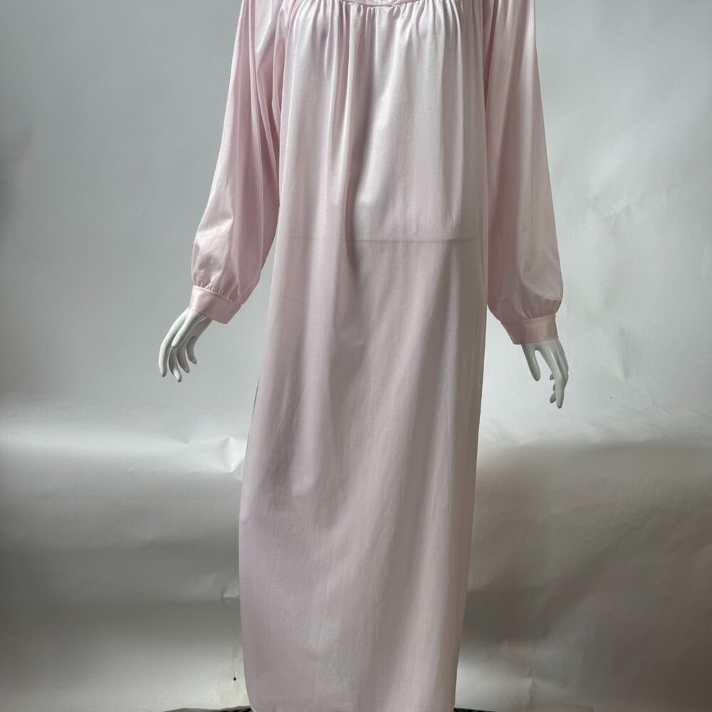 Vintage Katz Pink Nylon Long Nightgown Made In USA Size L W/ Embroidered Floral